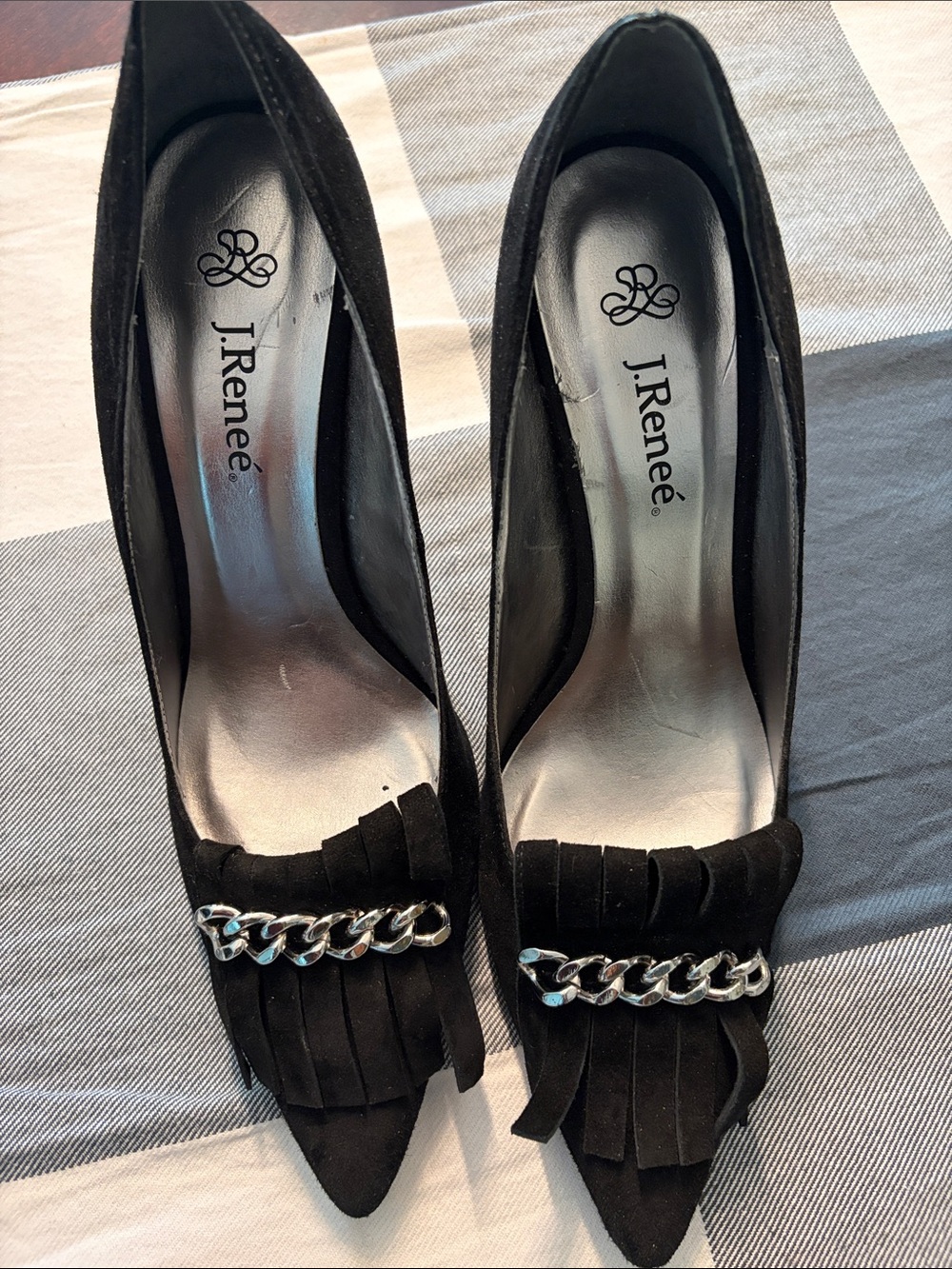 J.Renee Black Suede Pointed Pumps with Silver Chain Fringe
